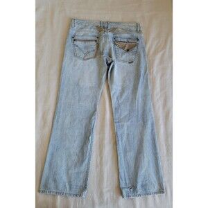 Seduka Mens 39x33 Jeans High Rise Distressed Light Blue Cotton Logo Studded Flap